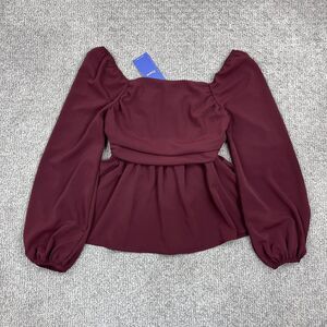 Floerns Top Womens Small Square Neck Smocked Peplum Balloon Sleeve Burgundy Red